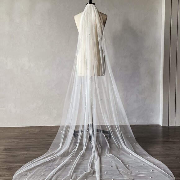 NWT Chapel Length Wedding Veil with Pearls & Comb main image 3
